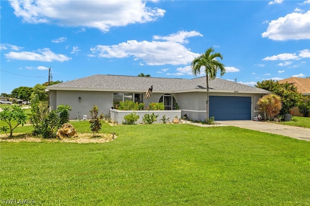 ranch-style home featuring a garage and a front yard