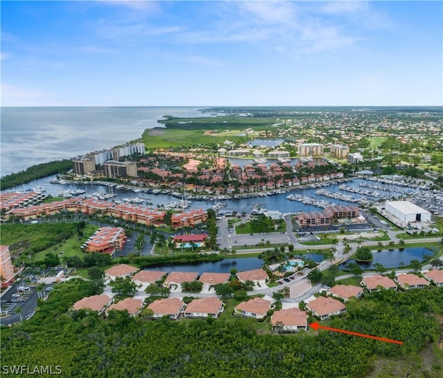 aerial view featuring a water view