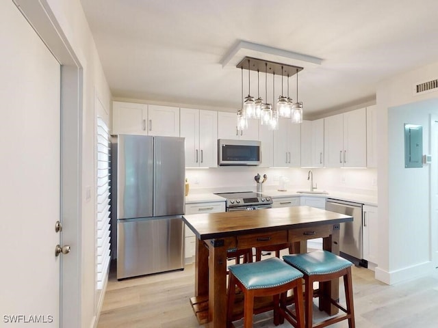 kitchen with white cabinetry, stainless steel appliances, electric panel, and light wood-type flooring