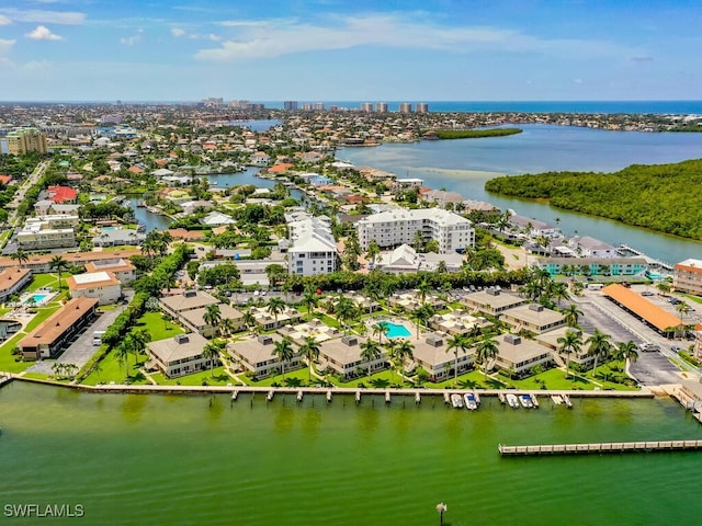 bird's eye view with a water view