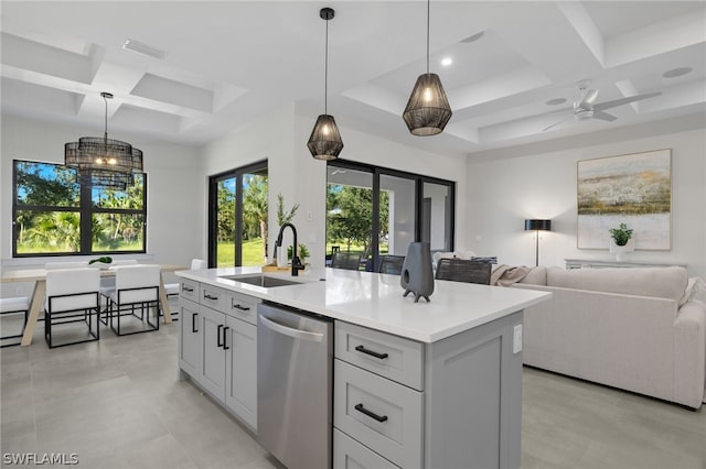 kitchen with stainless steel dishwasher, pendant lighting, an island with sink, sink, and coffered ceiling