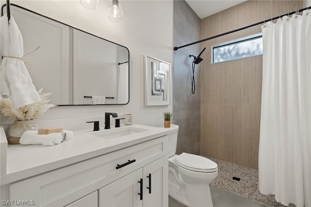 bathroom featuring vanity, toilet, and curtained shower