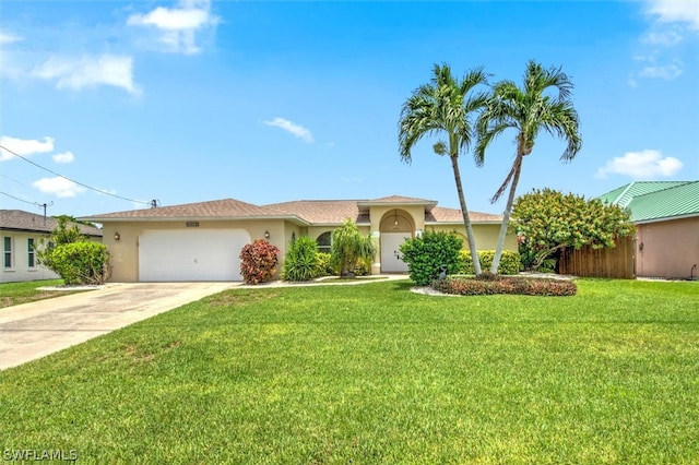 view of front of house with a garage and a front lawn