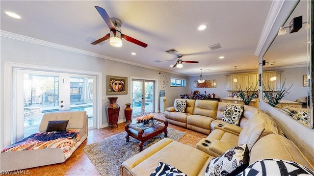 living room with ceiling fan, french doors, and ornamental molding