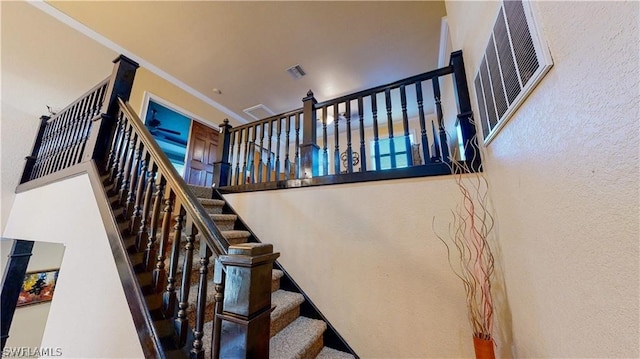 staircase featuring a high ceiling and crown molding