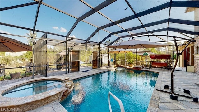 view of pool featuring a patio, an in ground hot tub, and glass enclosure