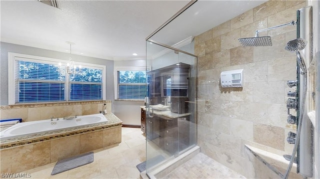 bathroom featuring tile patterned flooring and separate shower and tub