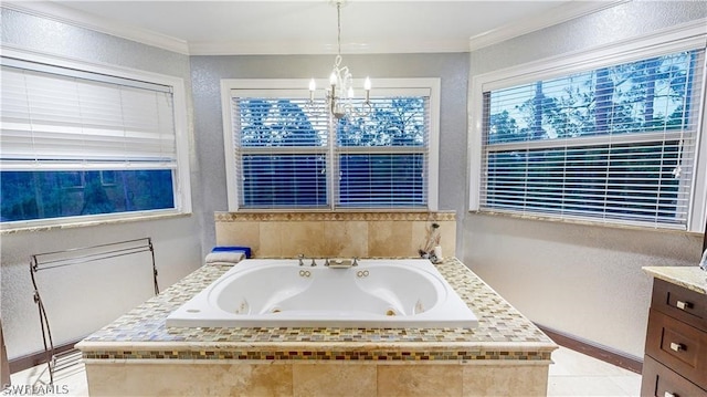 bathroom with an inviting chandelier, vanity, tile patterned flooring, and ornamental molding