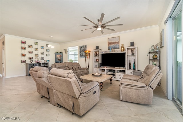 tiled living room featuring crown molding and ceiling fan