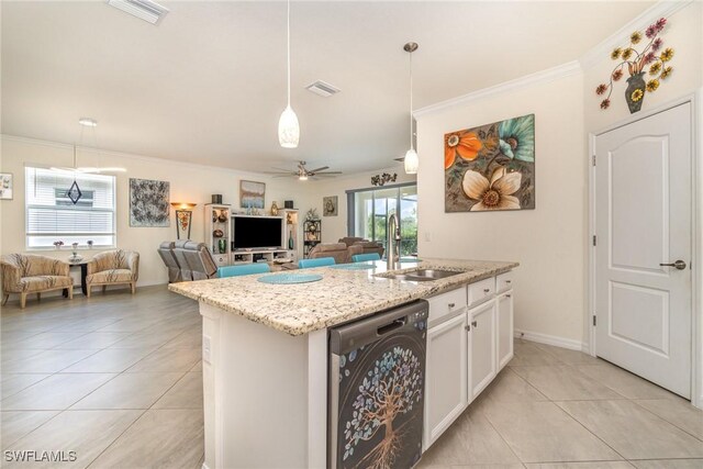 kitchen featuring black dishwasher, ceiling fan, white cabinetry, light tile patterned floors, and sink