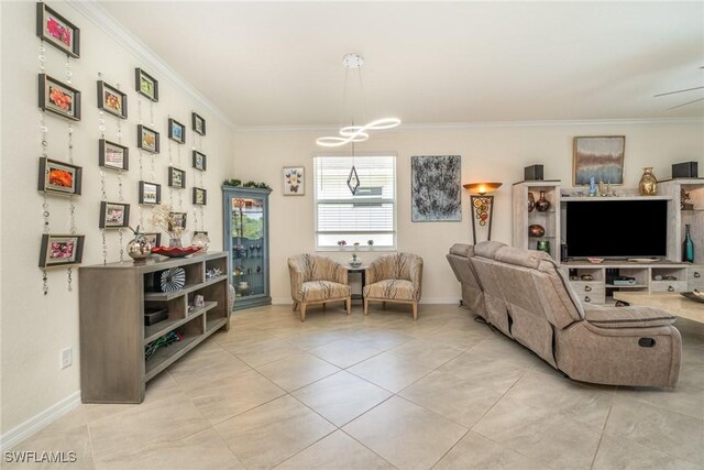 living room with light tile patterned flooring and ornamental molding