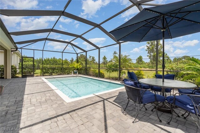 view of swimming pool featuring a patio and a lanai