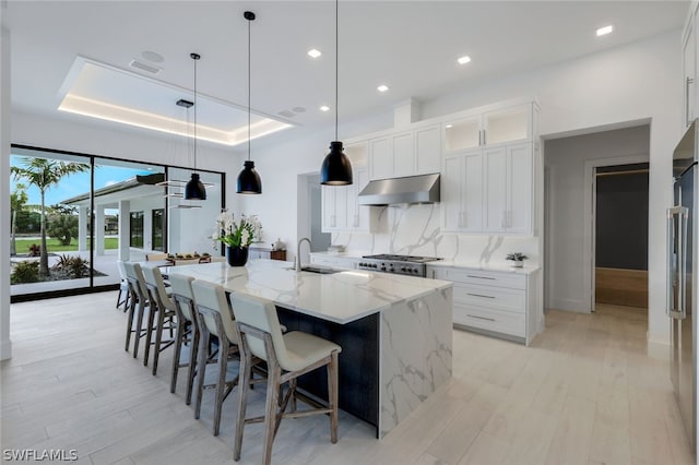 kitchen with white cabinets, a large island with sink, hanging light fixtures, a tray ceiling, and light stone countertops