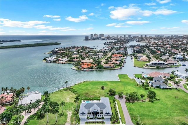 drone / aerial view with a water view