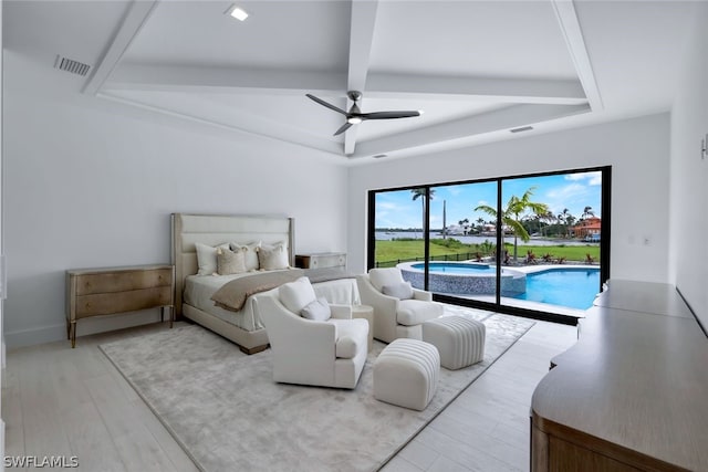 bedroom featuring ceiling fan, access to outside, light hardwood / wood-style flooring, and multiple windows