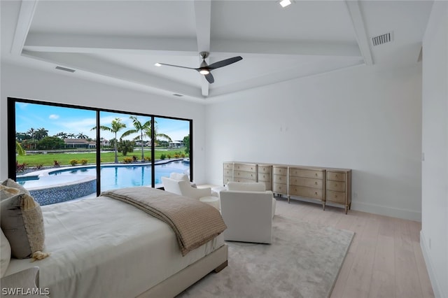 bedroom featuring vaulted ceiling with beams, access to outside, light wood-type flooring, and ceiling fan