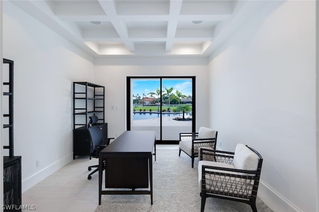 office featuring beam ceiling, light hardwood / wood-style floors, and coffered ceiling