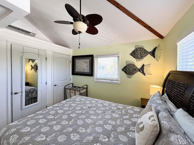 bedroom with a wall unit AC, lofted ceiling with beams, and ceiling fan