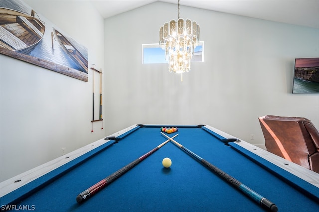 game room with pool table, a notable chandelier, and lofted ceiling