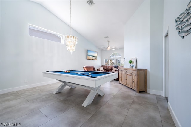 recreation room featuring pool table, vaulted ceiling, and ceiling fan with notable chandelier