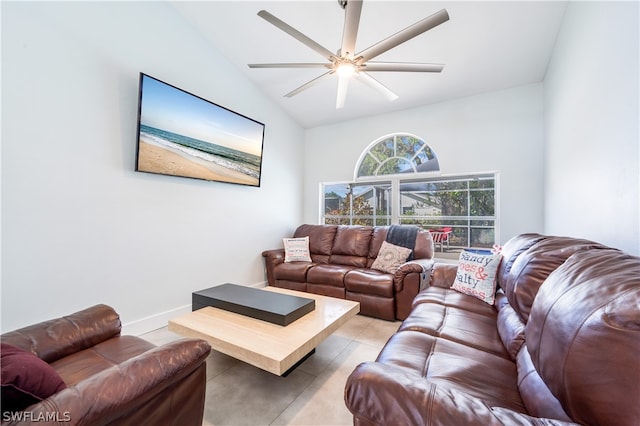 living room featuring lofted ceiling and ceiling fan