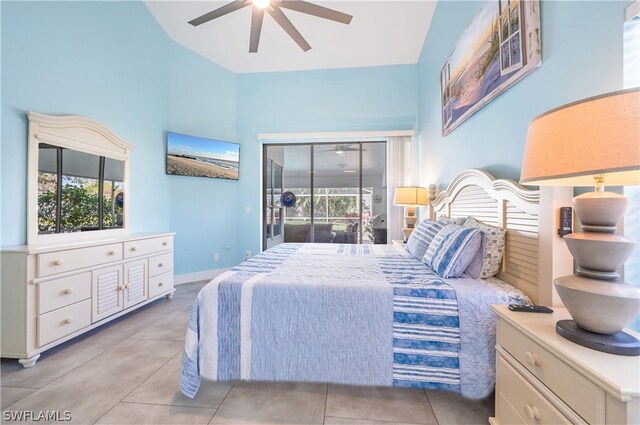 bedroom featuring ceiling fan, multiple windows, and access to exterior