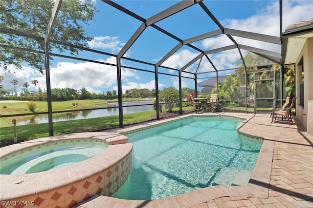 view of pool featuring a water view, an in ground hot tub, a patio area, and a lanai