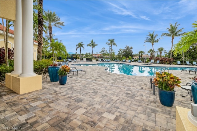 view of swimming pool featuring a patio