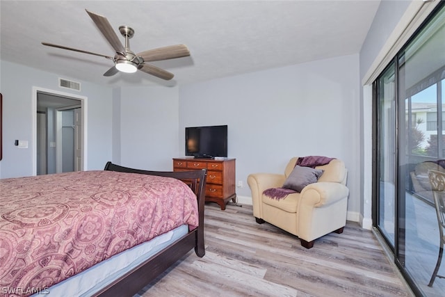 bedroom with light hardwood / wood-style floors, access to outside, a closet, and ceiling fan