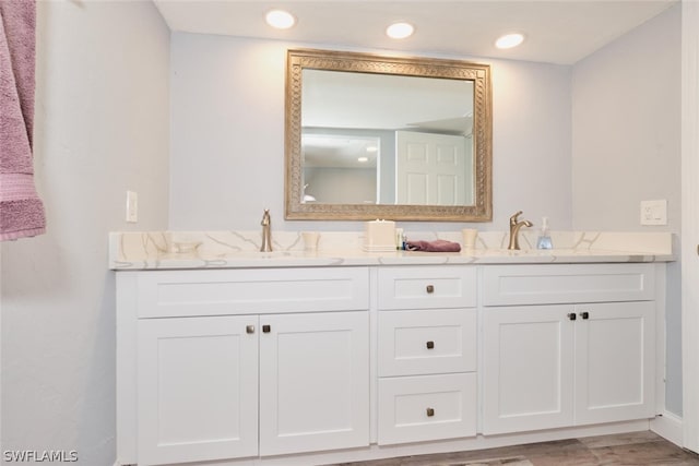 bathroom featuring wood-type flooring and dual bowl vanity