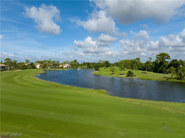 view of home's community featuring a lawn and a water view