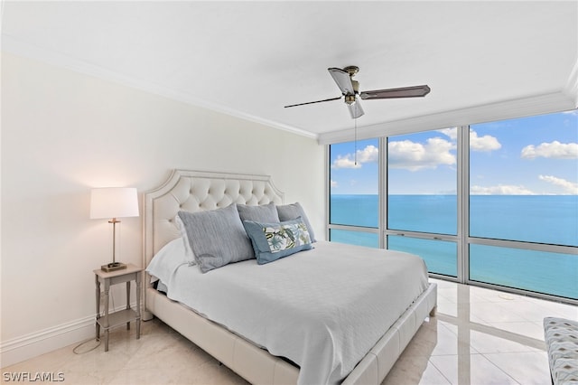 bedroom with light tile patterned flooring, ceiling fan, a water view, ornamental molding, and access to outside