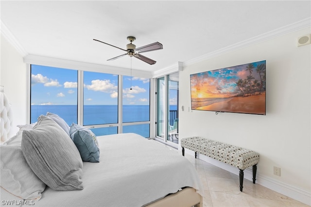 bedroom featuring crown molding, access to exterior, light tile patterned floors, and ceiling fan