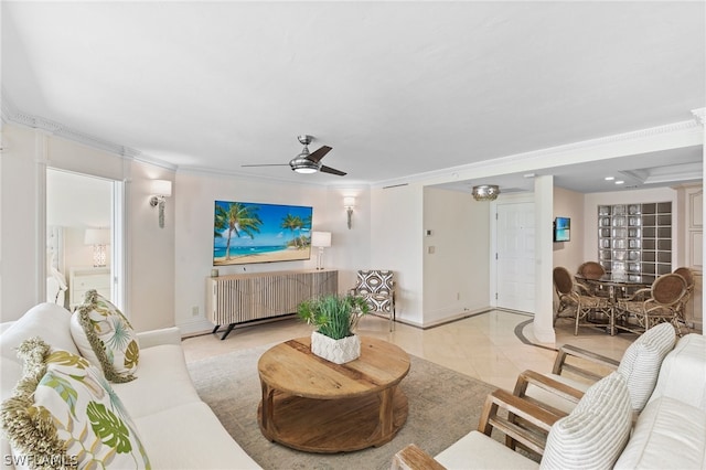 living room featuring light tile patterned flooring, radiator, ceiling fan, and crown molding