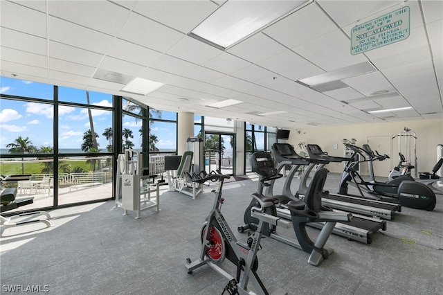 gym with a wall of windows, a healthy amount of sunlight, and a paneled ceiling