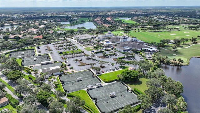 drone / aerial view with a water view