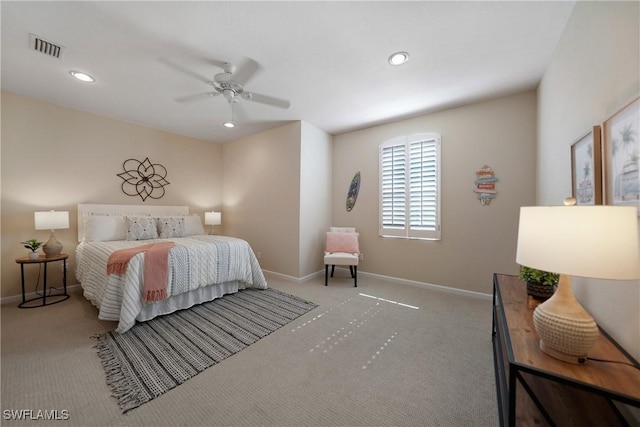 carpeted bedroom with ceiling fan