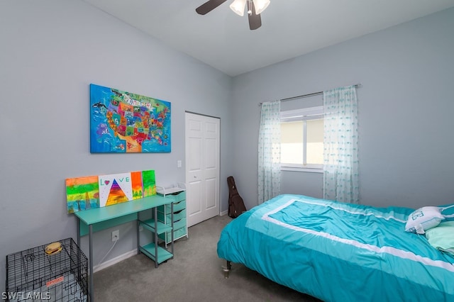 carpeted bedroom featuring ceiling fan