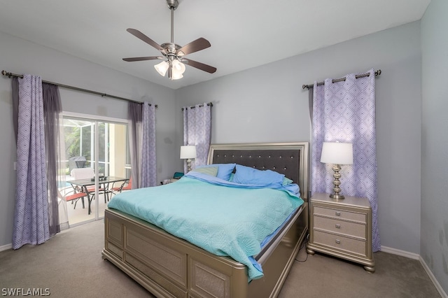 bedroom with light carpet and ceiling fan