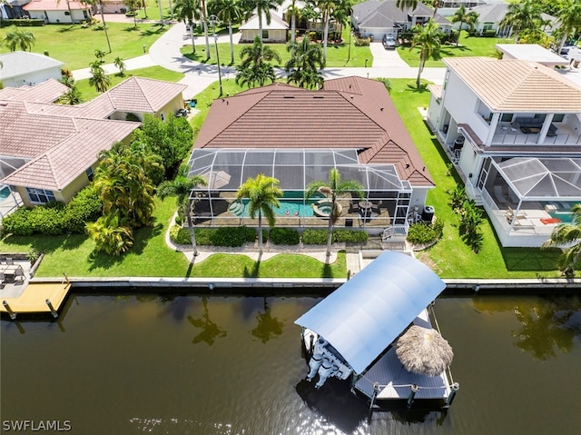 aerial view featuring a water view