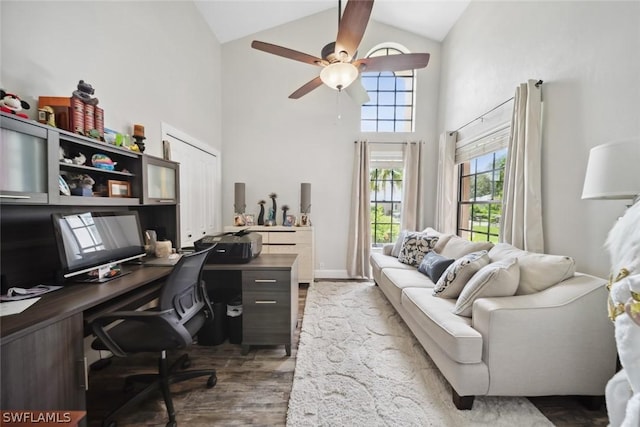 office area featuring ceiling fan, dark hardwood / wood-style flooring, and high vaulted ceiling