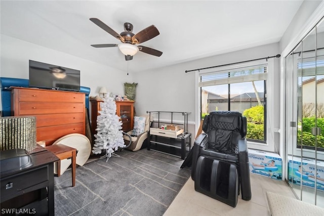 bedroom featuring access to exterior and ceiling fan