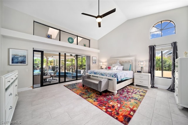 bedroom with access to exterior, ceiling fan, high vaulted ceiling, and light tile patterned floors