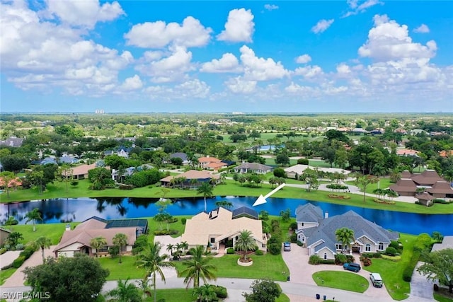 drone / aerial view featuring a water view