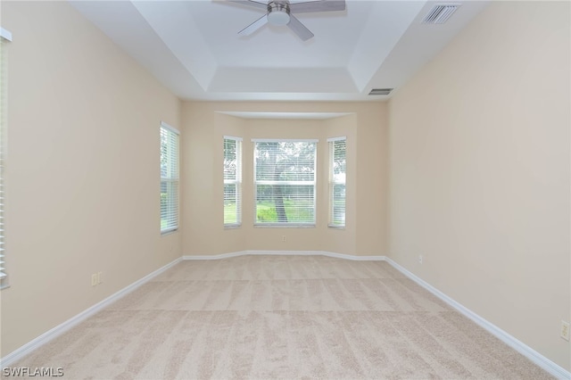 empty room with carpet flooring, a healthy amount of sunlight, and a tray ceiling