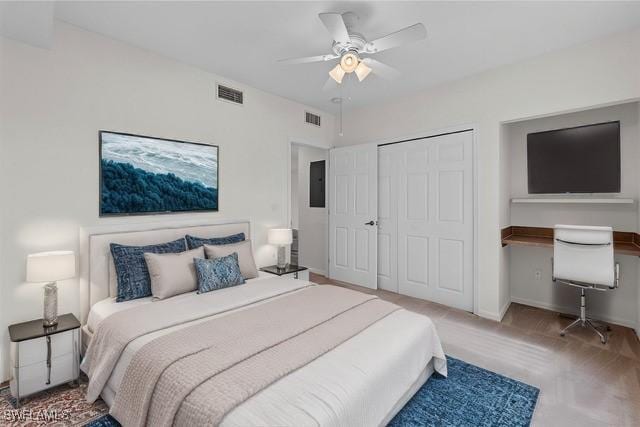 bedroom with a ceiling fan, electric panel, visible vents, and a closet