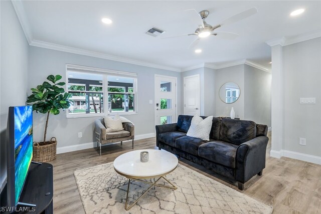 living room with light hardwood / wood-style floors, ceiling fan, and crown molding