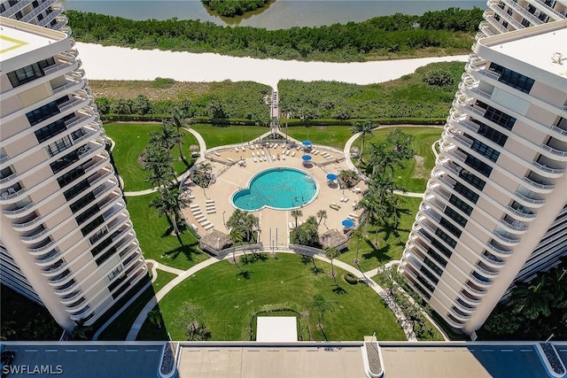 bird's eye view with a water view