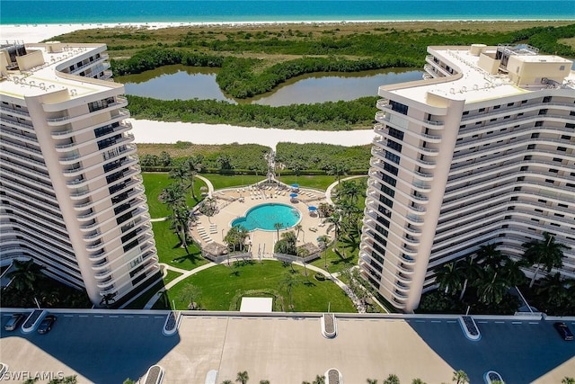 aerial view featuring a water view