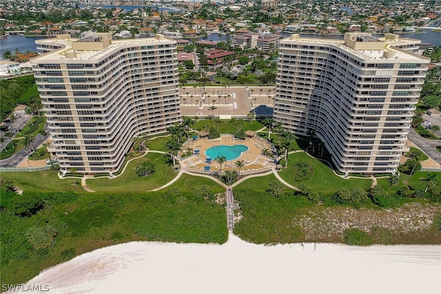 bird's eye view with a water view